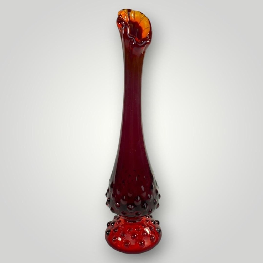 Fenton Amberina Hobnail Flame Bud Vase 9" Swung Art Glass 1960s 70s